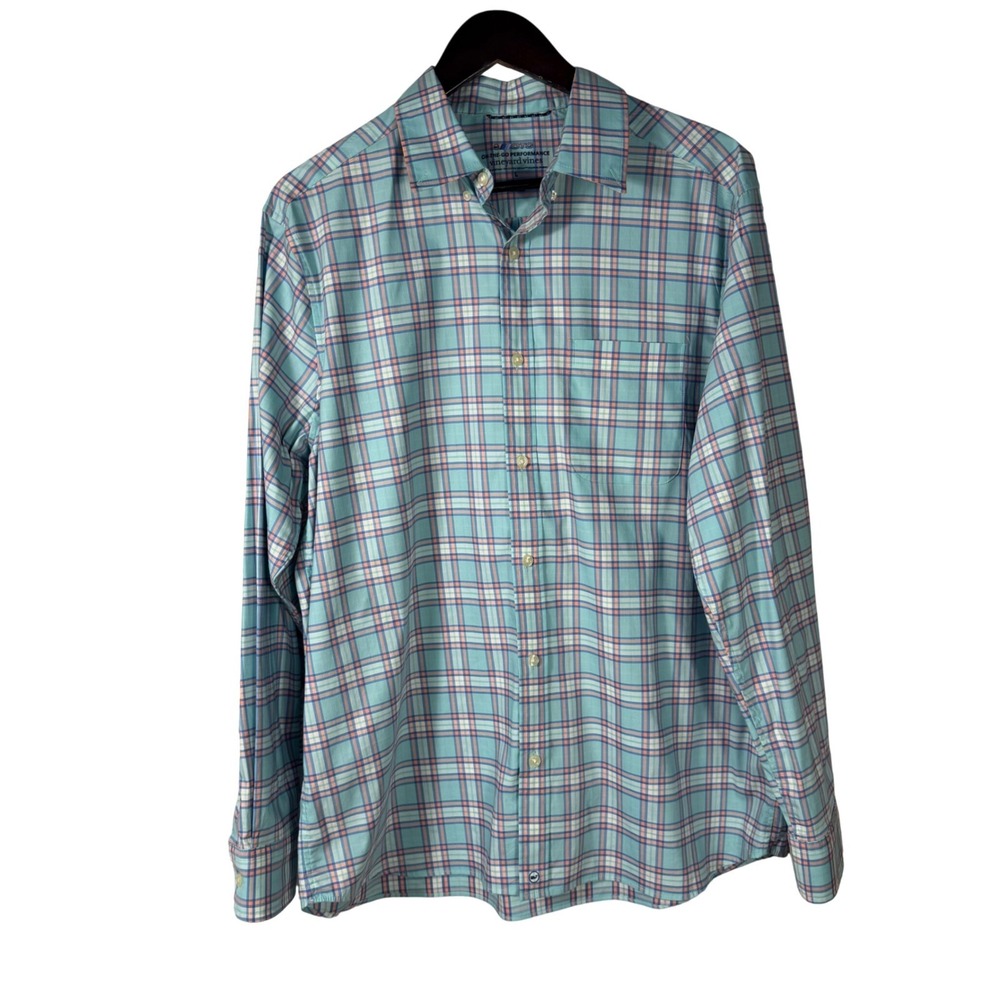 Vineyard Vines On-The-Go Performance L‎ Plaid Button Down Shirt Men's Blue Pink
